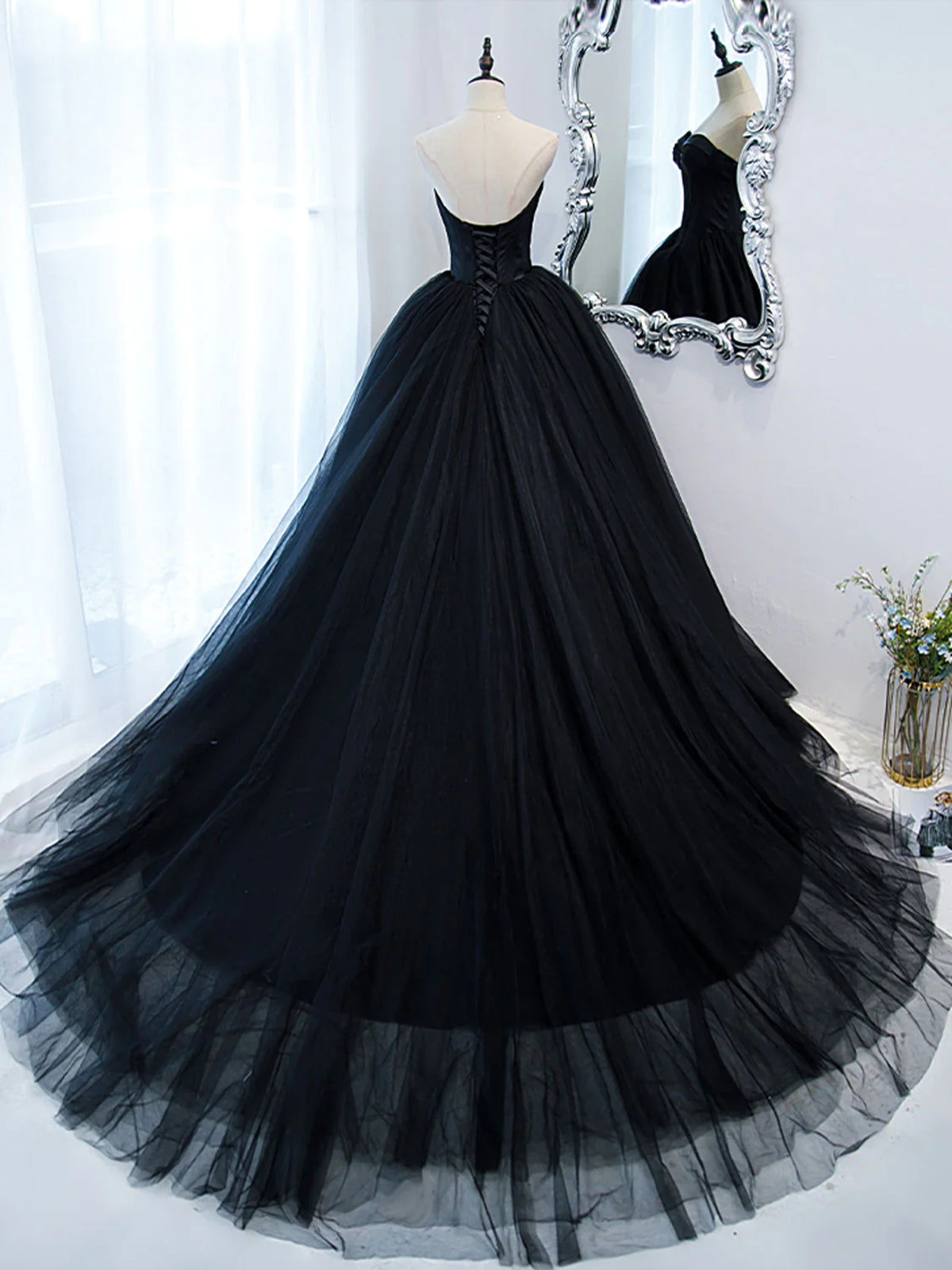 Strapless Sweetheart Neck Black Tulle Prom Dresses, Black Tulle Formal - shegown Strapless Sweetheart Neck Black Tulle Prom Dresses, Black Tulle Formal - shegown
