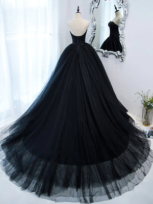 Strapless Sweetheart Neck Black Tulle Prom Dresses, Black Tulle Formal Gowns