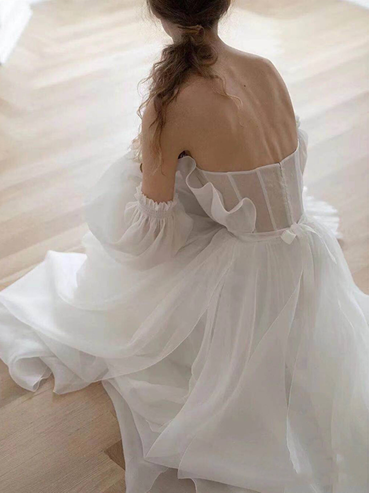 white organza prom dress White One Shoulder Long Sleeves Prom Dresses Organza Floor-Length A-line