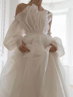Strapless White Long Wedding Dresses, White Long Organza Prom Formal Dresses