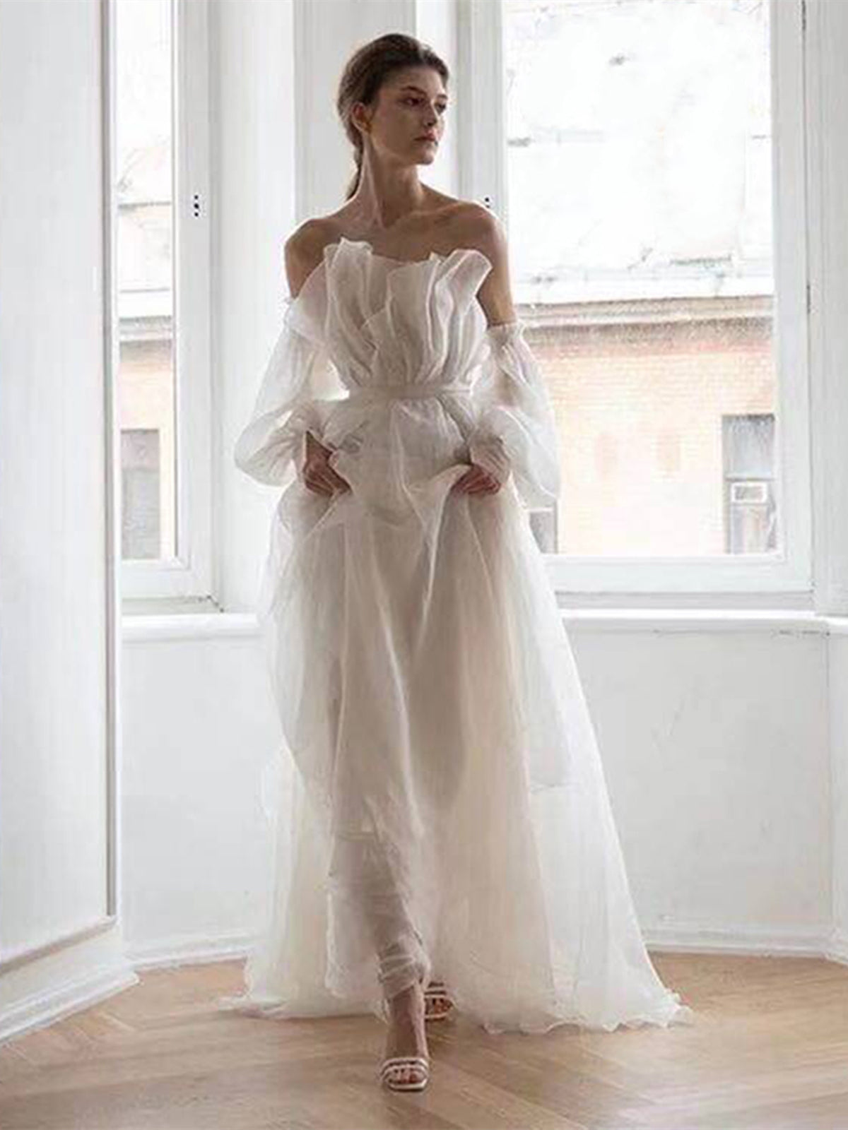 Strapless White Long Wedding Dresses, White Long Organza Prom Formal D - shegown Strapless White Long Wedding Dresses, White Long Organza Prom Formal D - shegown