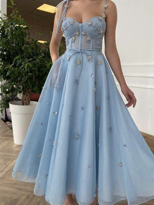 Sweetheart Neck Baby Blue Tea Length Prom Dresses, Blue Tea Length Formal Evening Dresses