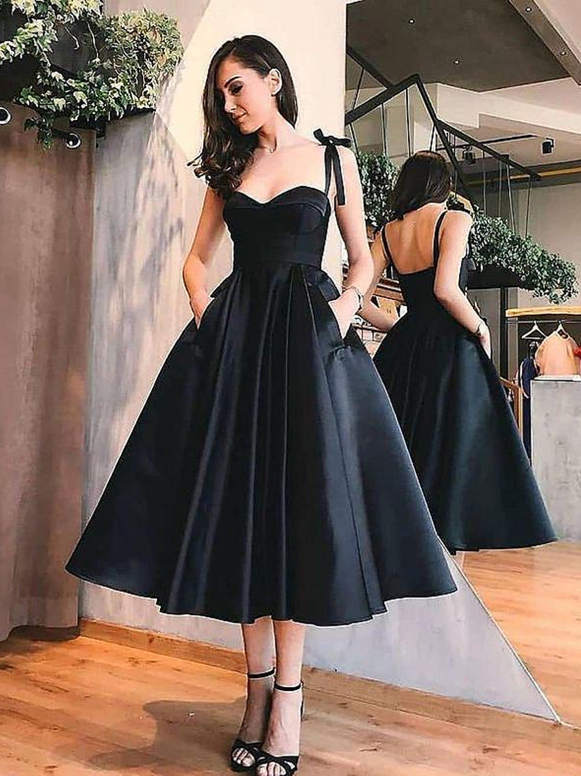 Sweetheart Neck Black Red Tea Length Prom Dresses, Tea Length Red Black Formal Graduation Dresses