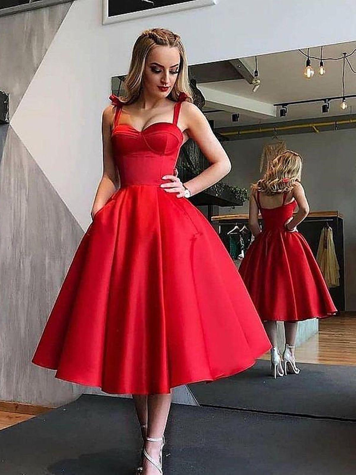 Black Red Tea Length Prom Dresses, Tea Length Red Black Formal Graduation Dresses Black Red Tea Length Prom Dresses, Tea Length Red Black Formal Graduation Dresses