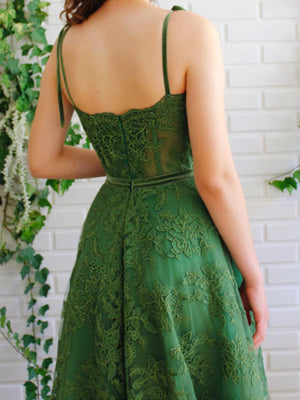 Sweetheart Neck Dark Green Lace Prom Dresses, Green Lace Long Formal Graduation Dresses