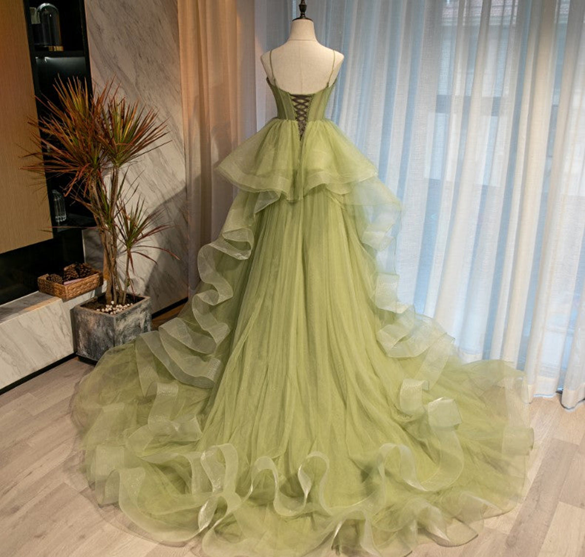 Sweetheart Neck Green Tulle Long Prom Dresses, Green Tulle Long Formal - shegown Sweetheart Neck Green Tulle Long Prom Dresses, Green Tulle Long Formal - shegown