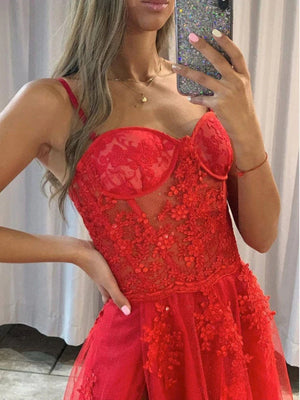 Sweetheart Neck Red Lace Tulle Prom Dresses, Red Tulle Lace Formal Graduation Dresses