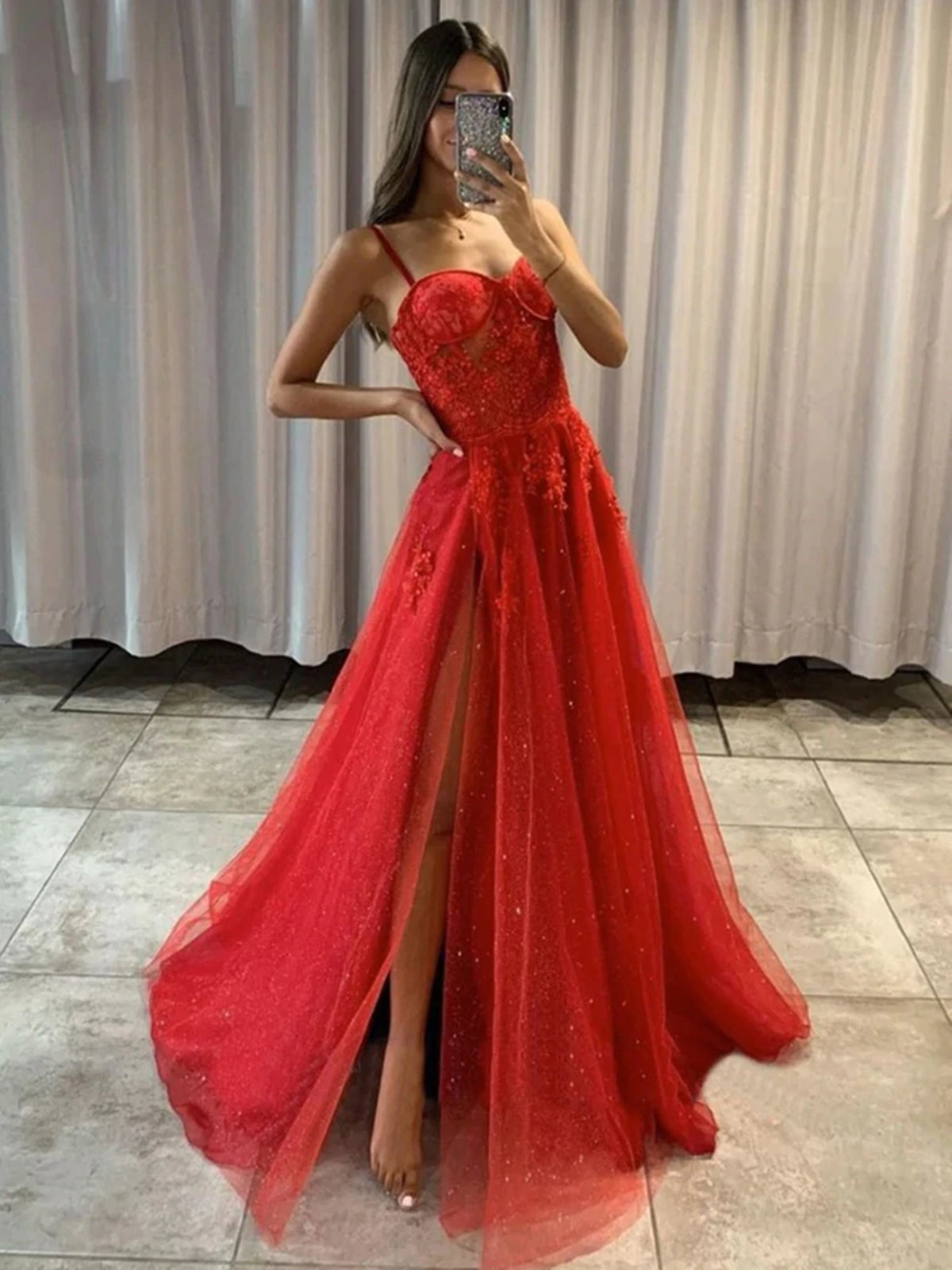 Sweetheart Neck Red Tulle Long Prom Dresses, Red Tulle Long Formal