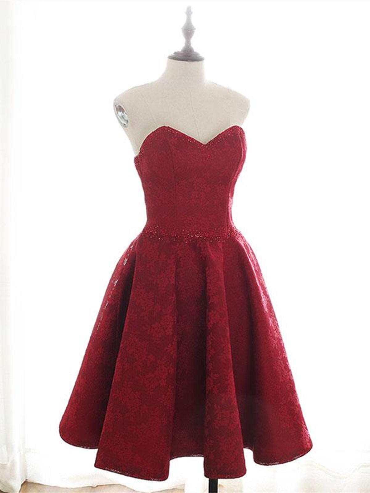 Sweetheart Neck Short Burgundy Lace Prom Dresses, Short Wine Red Lace - shegown Sweetheart Neck Short Burgundy Lace Prom Dresses, Short Wine Red Lace - shegown
