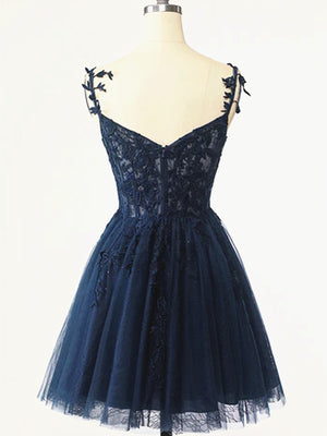 Sweetheart Neck Short Dark Navy Blue Lace Prom Dresses, Short Dark Navy Blue Lace Formal Homecoming Dresses