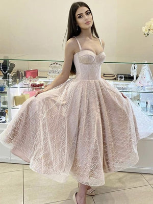 Sweetheart Neck Tea Length Champagne Tulle Prom Dresses, Champagne Tulle Lace Graduation Homecoming Dresses
