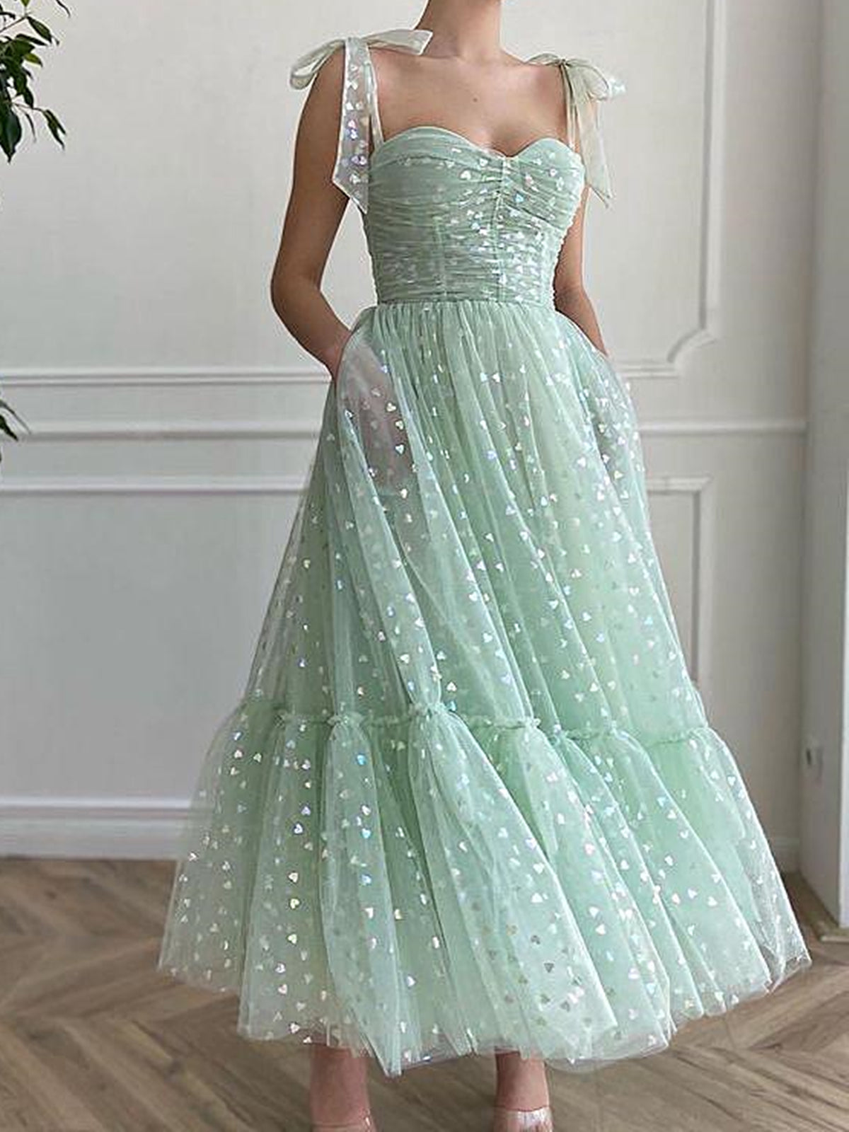Sweetheart Neck Tea Length Green Prom Dresses, Green Tea Length Formal Graduation Dresses Sweetheart Neck Tea Length Green Prom Dresses, Green Tea Length Formal Graduation Dresses