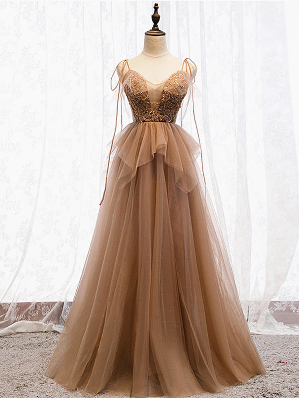 Sweetheart Neck Floor Length Champagne Lace Prom Dresses, Champagne La