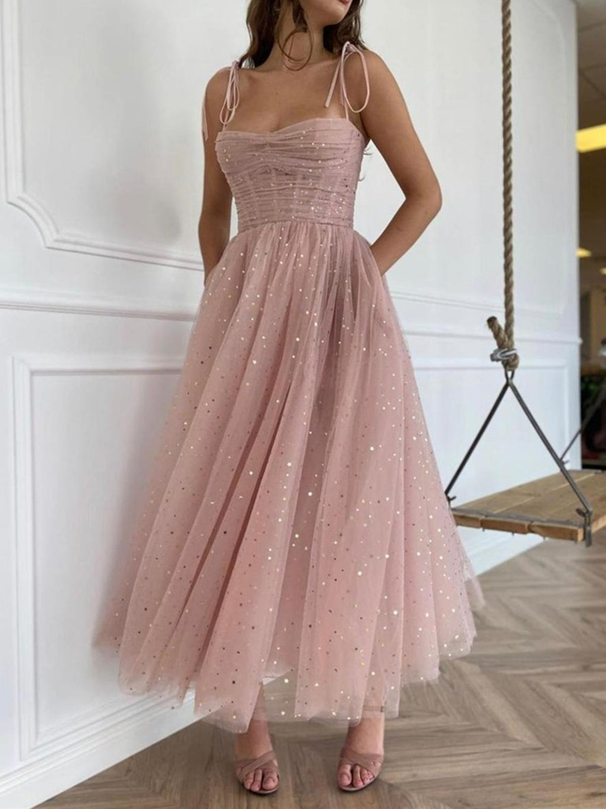 Tea Length Champagne Lace Prom Dresses, Tea Length Champagne Formal Homecoming Dresses