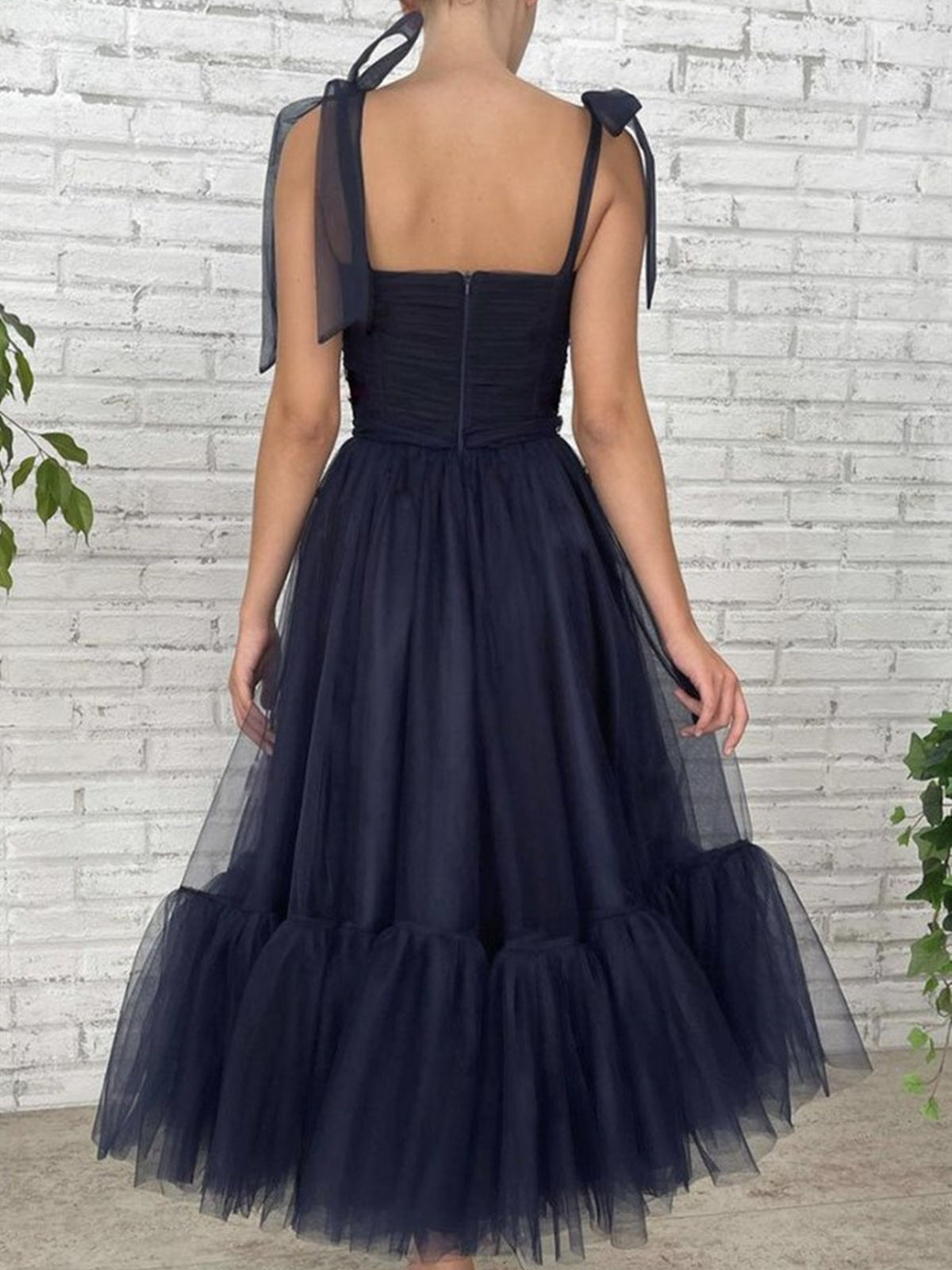 Tea Length Dark Navy Blue Tulle Prom Dresses, Dark Navy Blue Tulle For - shegown Tea Length Dark Navy Blue Tulle Prom Dresses, Dark Navy Blue Tulle For - shegown