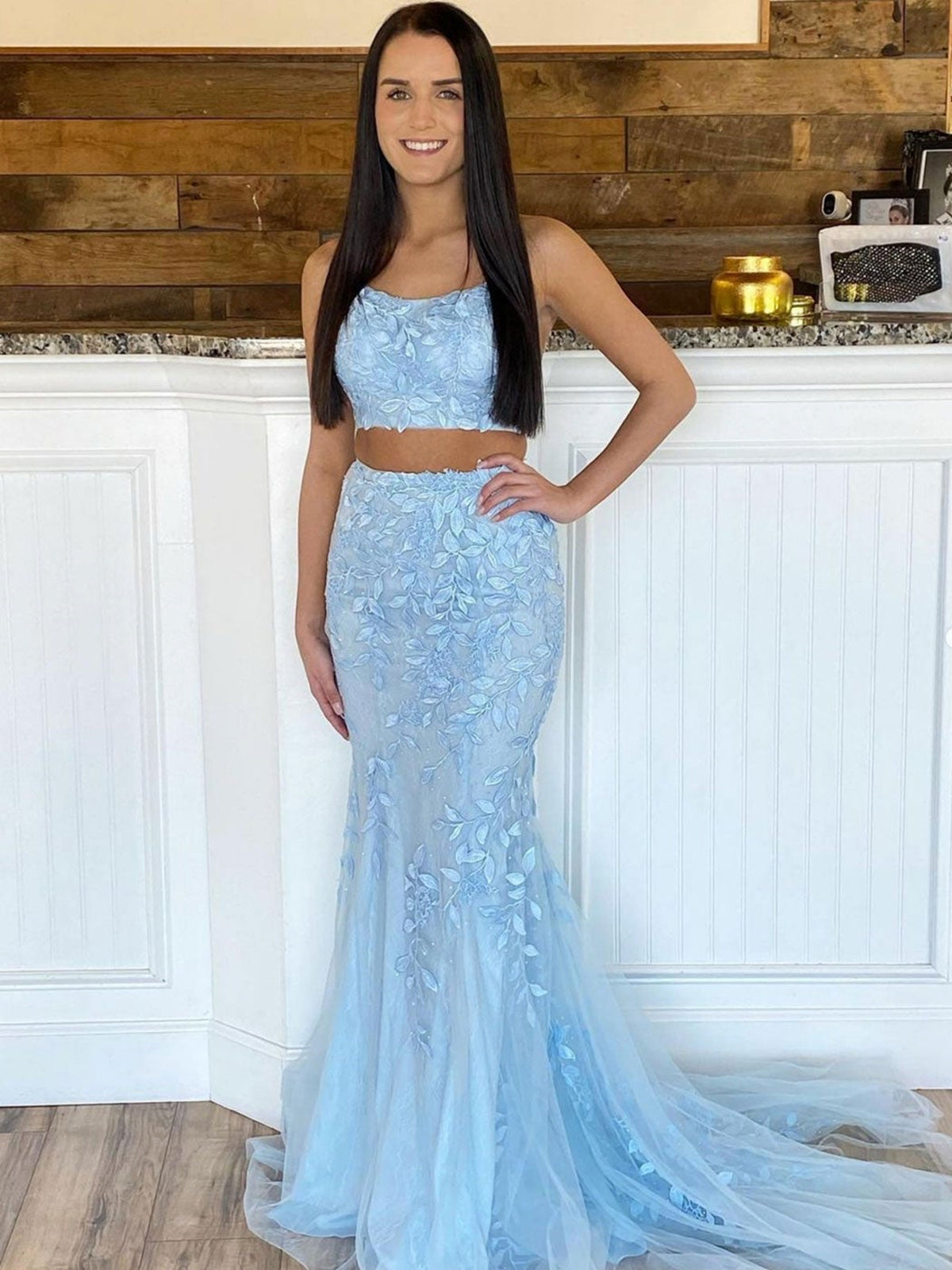Two Pieces Blue Lace Mermaid Prom Dresses, 2 Pieces Blue Lace Mermaid - shegown Two Pieces Blue Lace Mermaid Prom Dresses, 2 Pieces Blue Lace Mermaid - shegown