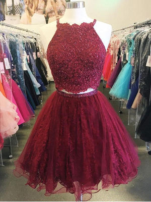 Two Pieces Short Burgundy Lace Prom Dresses, Wine Red 2 Pieces Short Lace Formal Homecoming Dresses