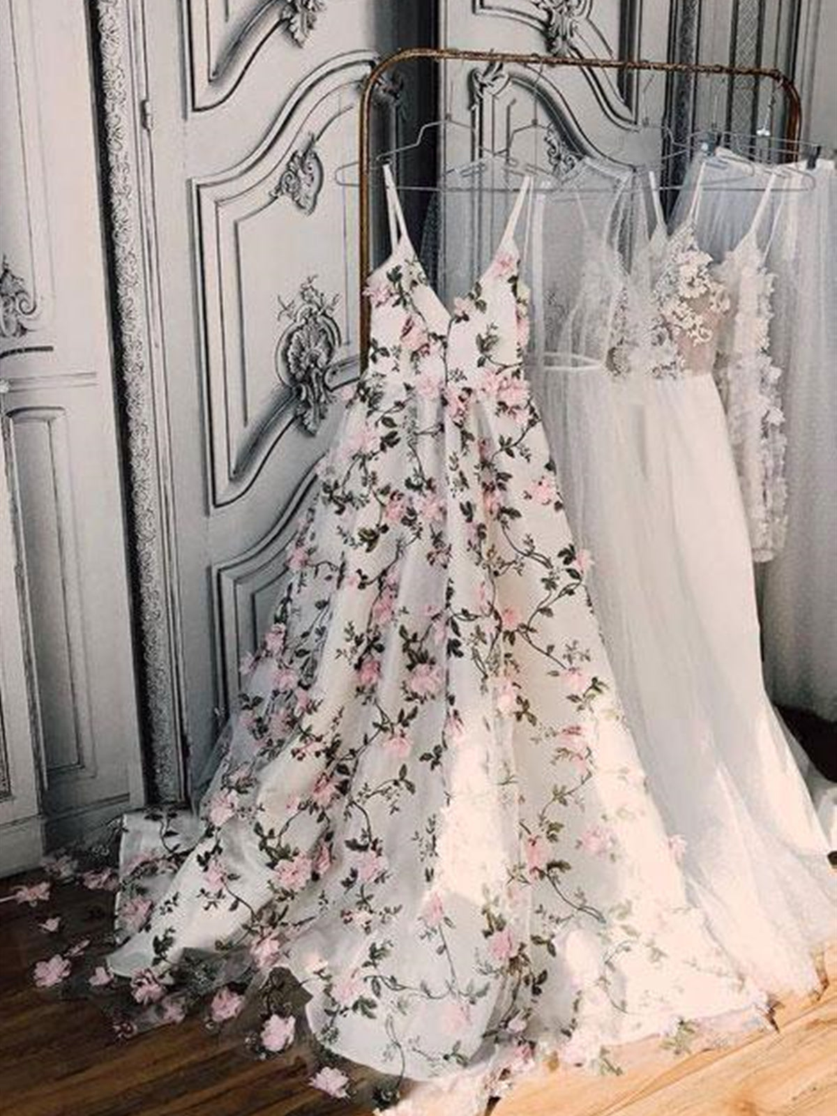 V Neck 3D Flower Prom Dresses, 3D Floral Lace Formal Evening Dresses, US 14 / White as Pics / No Rush V Neck 3D Flower Prom Dresses, 3D Floral Lace Formal Evening Dresses, US 14 / White as Pics / No Rush