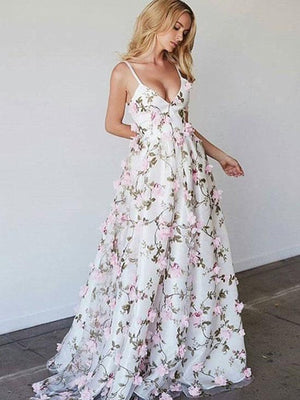 V Neck 3D Flower Prom Dresses, 3D Floral Lace Formal Evening Dresses