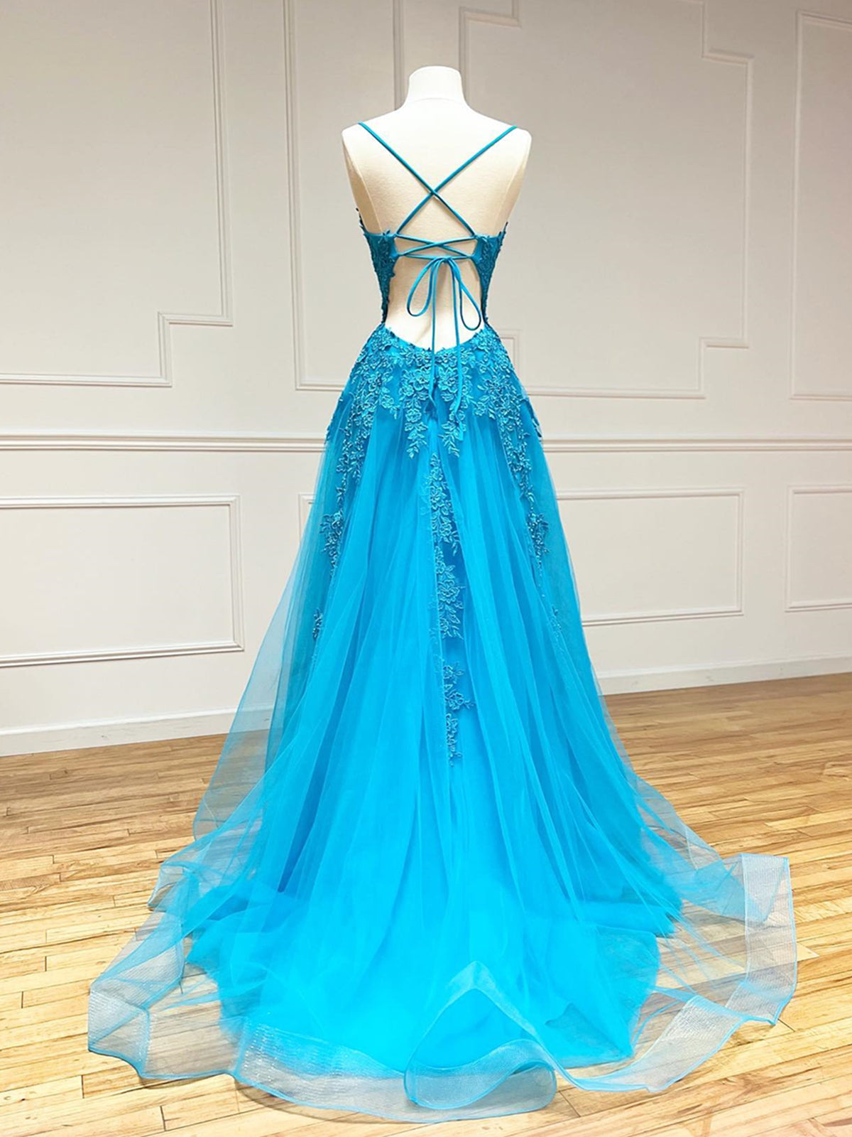 V Neck Backless Blue Lace Long Prom Dresses, Open Back Blue Lace Long - shegown V Neck Backless Blue Lace Long Prom Dresses, Open Back Blue Lace Long - shegown