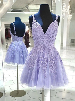 V Neck Backless Purple Lace Short Prom Dresses, Open Back Purple Lace Homecoming Dresses, Short Purple Formal Evening Dresses