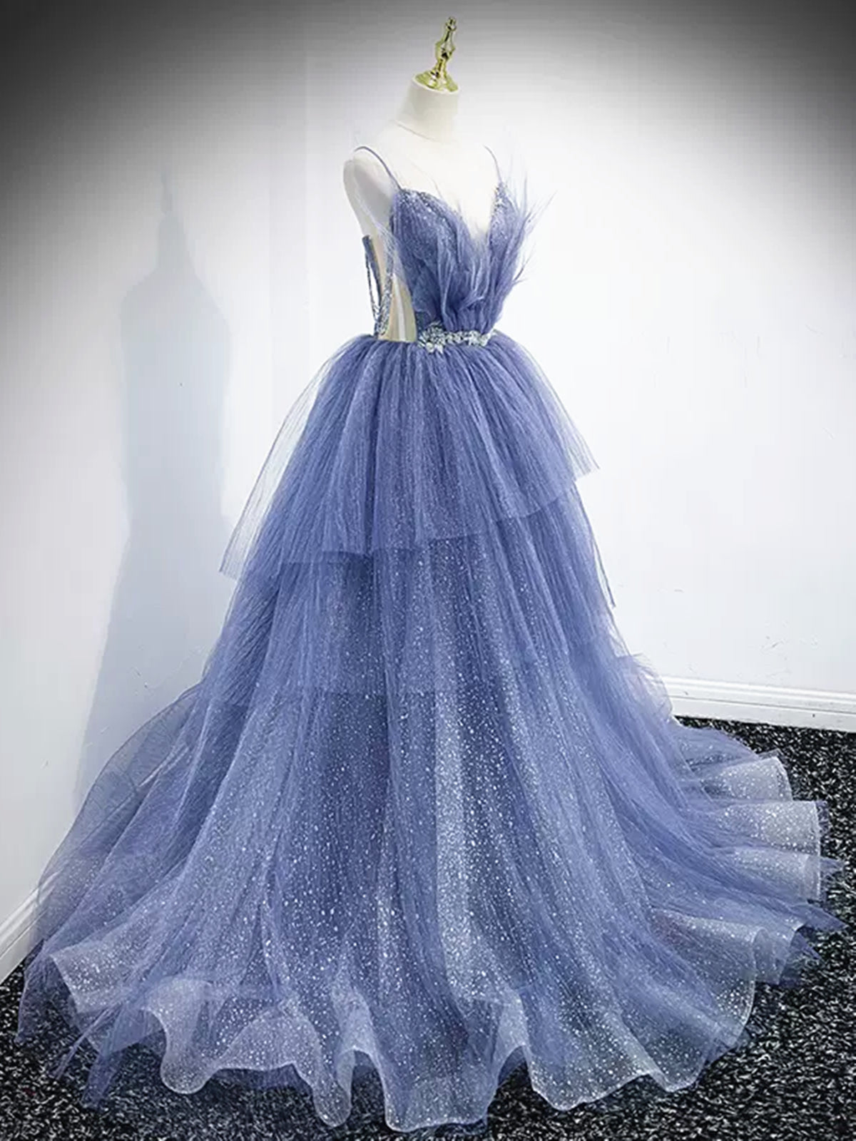 V Neck Blue Beaded Layered Long Prom Dresses, Blue High Low Formal Graduation Dresses, US 2 / Custom Color / With Rush+$19.99 V Neck Blue Beaded Layered Long Prom Dresses, Blue High Low Formal Graduation Dresses, US 2 / Custom Color / With Rush+$19.99