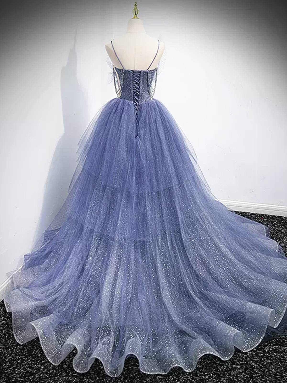 V Neck Blue Beaded Layered Long Prom Dresses, Blue High Low Formal Graduation Dresses, US 2 / Custom Color / With Rush+$19.99 V Neck Blue Beaded Layered Long Prom Dresses, Blue High Low Formal Graduation Dresses, US 2 / Custom Color / With Rush+$19.99