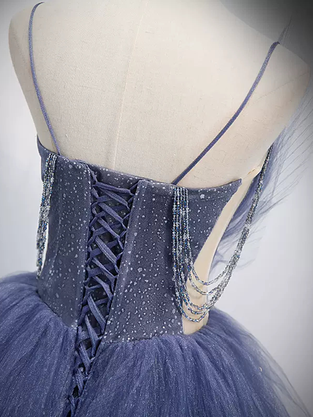 V Neck Blue Beaded Layered Long Prom Dresses, Blue High Low Formal Gra - shegown V Neck Blue Beaded Layered Long Prom Dresses, Blue High Low Formal Gra - shegown