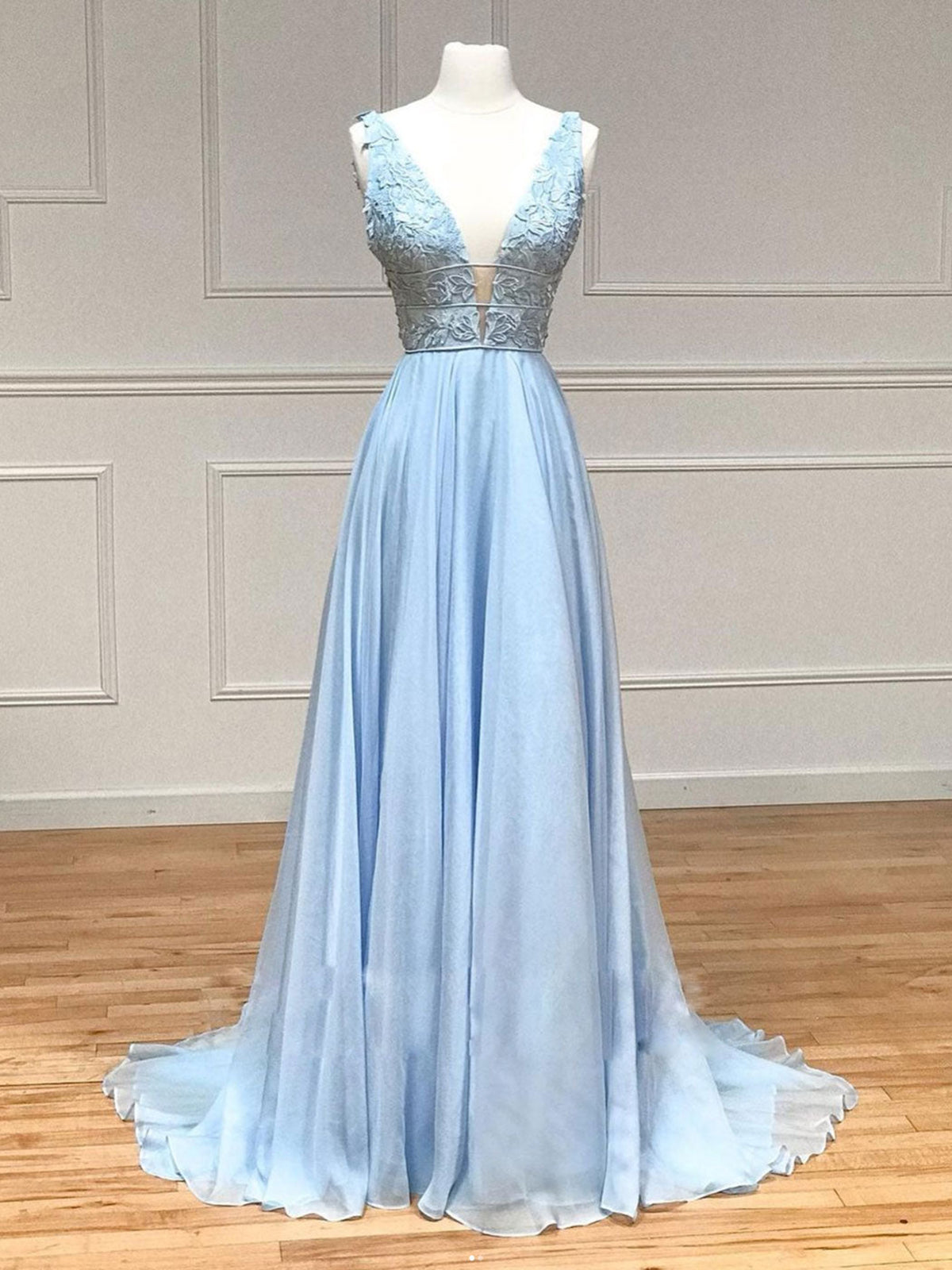 V Neck Blue Lace Prom Dresses, Blue V Neck Lace Formal Graduation Dres - shegown V Neck Blue Lace Prom Dresses, Blue V Neck Lace Formal Graduation Dres - shegown