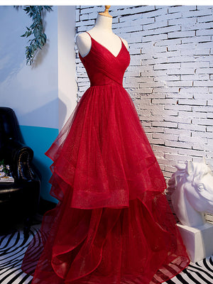 V Neck Burgundy Prom Dresses, Wine Red V Neck Formal Evening Dresses
