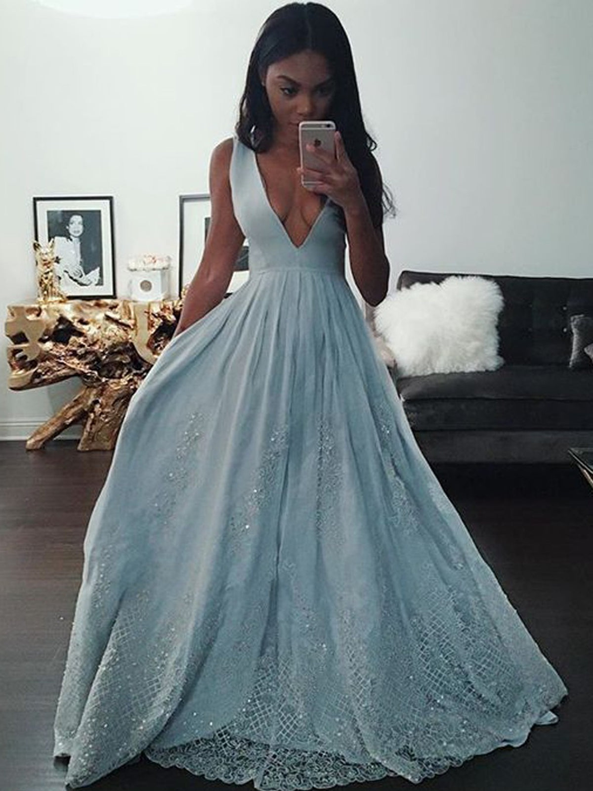 V Neck Light Blue Lace Prom Dresses, Light Blue Lace Long Formal Graduation Dresses V Neck Light Blue Lace Prom Dresses, Light Blue Lace Long Formal Graduation Dresses