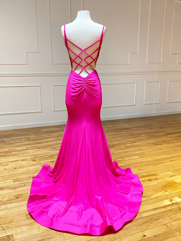 V Neck Mermaid Hot Pink Prom Dresses, Hot Pink Mermaid Backless Formal ...