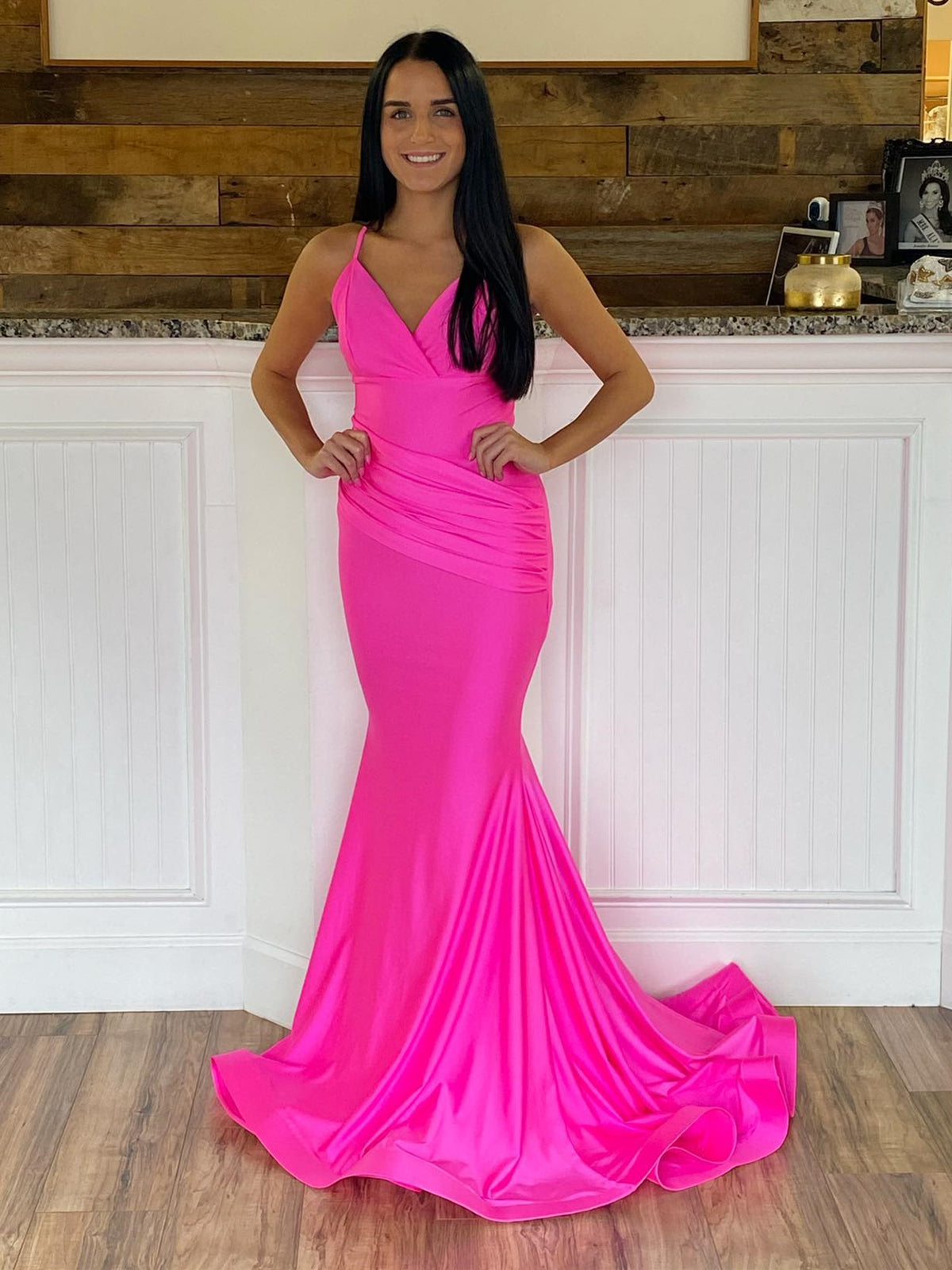 V Neck Mermaid Hot Pink Satin Prom Dresses, Hot Pink Mermaid Formal Graduation Dresses V Neck Mermaid Hot Pink Satin Prom Dresses, Hot Pink Mermaid Formal Graduation Dresses