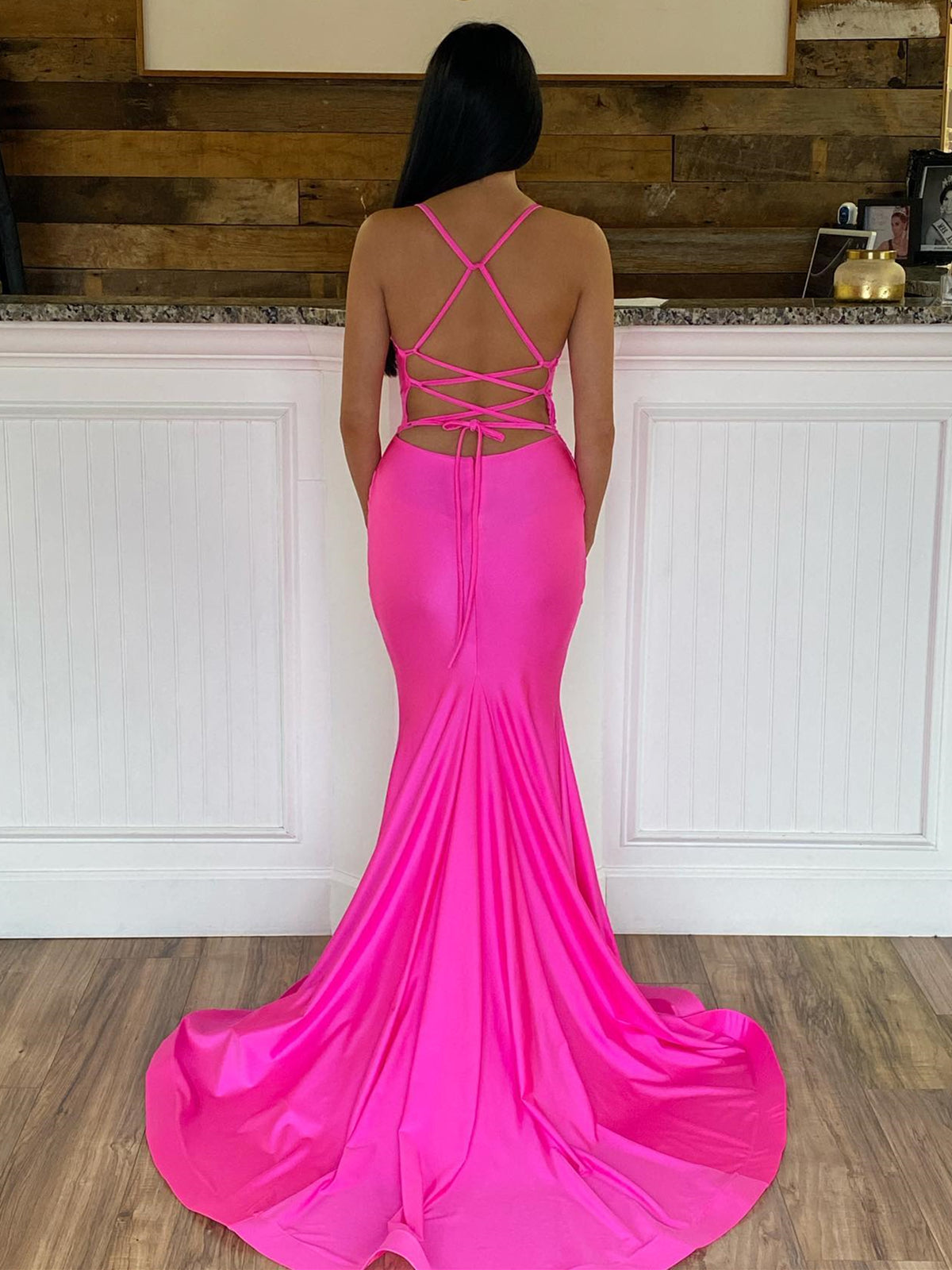 V Neck Mermaid Hot Pink Satin Prom Dresses, Hot Pink Mermaid Formal Graduation Dresses, Custom Size / Custom Color / No Rush V Neck Mermaid Hot Pink Satin Prom Dresses, Hot Pink Mermaid Formal Graduation Dresses, Custom Size / Custom Color / No Rush