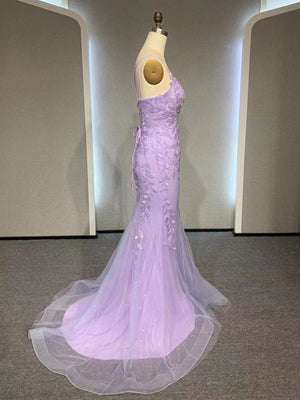 V Neck Mermaid Purple Lace Prom Dresses, V Neck Mermaid Purple Lace Formal Evening Dresses