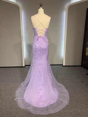V Neck Mermaid Purple Lace Prom Dresses, V Neck Mermaid Purple Lace Formal Evening Dresses