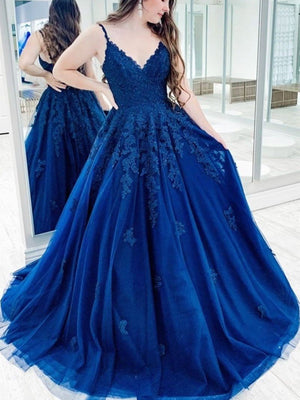 V Neck Navy Blue Lace Prom Dresses, Blue V Neck Lace Formal Evening Dresses