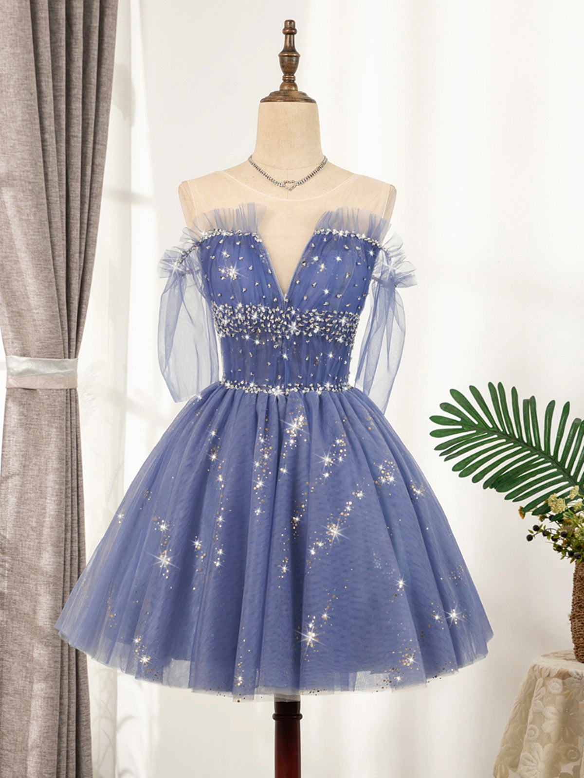 V Neck Off the Shoulder Short Blue Prom Dresses, Short Blue V Neck Gra - shegown V Neck Off the Shoulder Short Blue Prom Dresses, Short Blue V Neck Gra - shegown