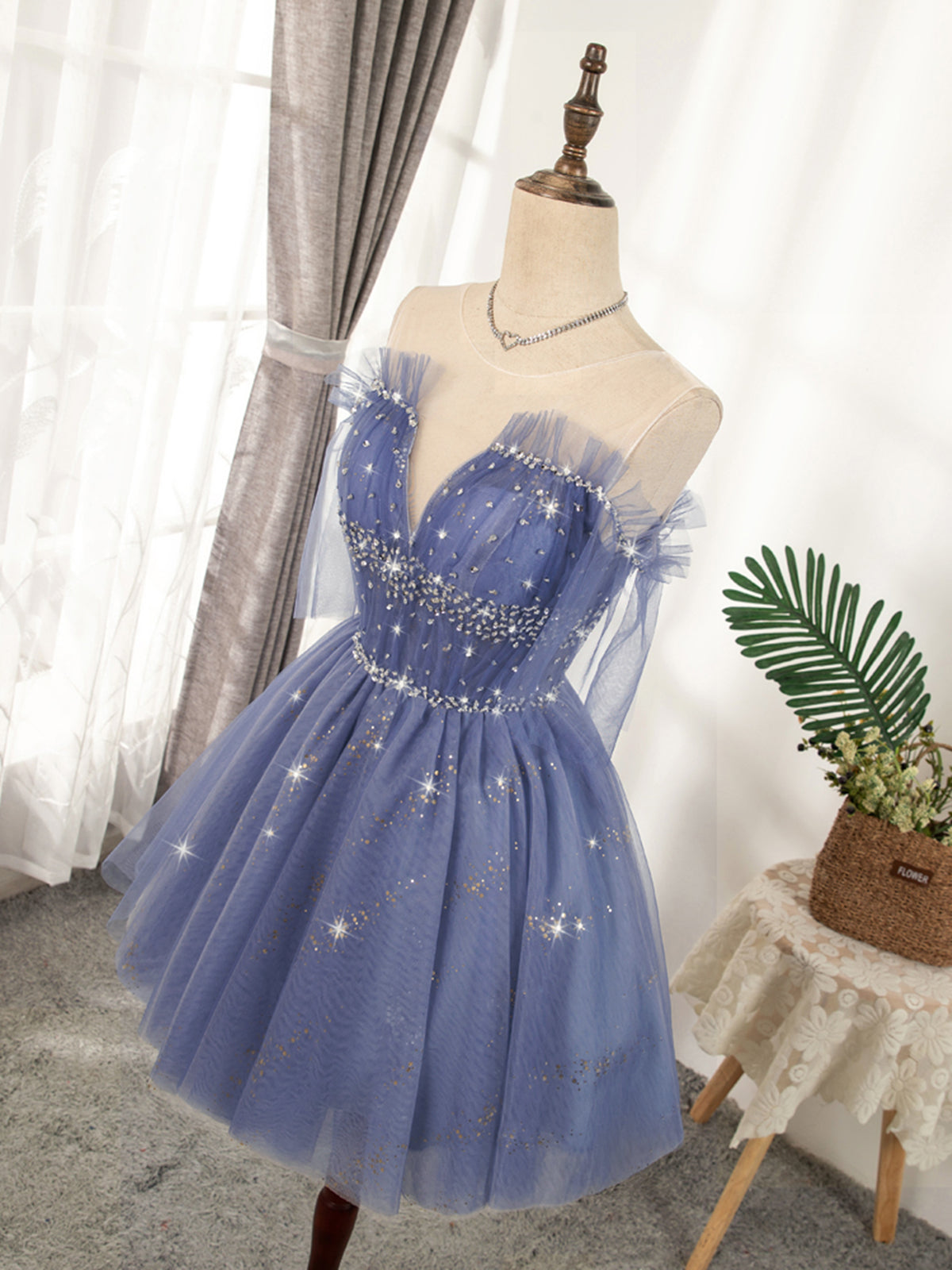 V Neck Off the Shoulder Short Blue Prom Dresses, Short Blue V Neck Gra - shegown V Neck Off the Shoulder Short Blue Prom Dresses, Short Blue V Neck Gra - shegown