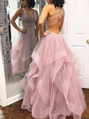 V Neck Pink Backless Tulle Prom Dresses, Open Back Pink Tulle Formal Graduation Dresses