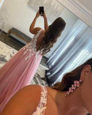 A Line Pink Long Lace Prom Dress with Double Straps, Pink Long