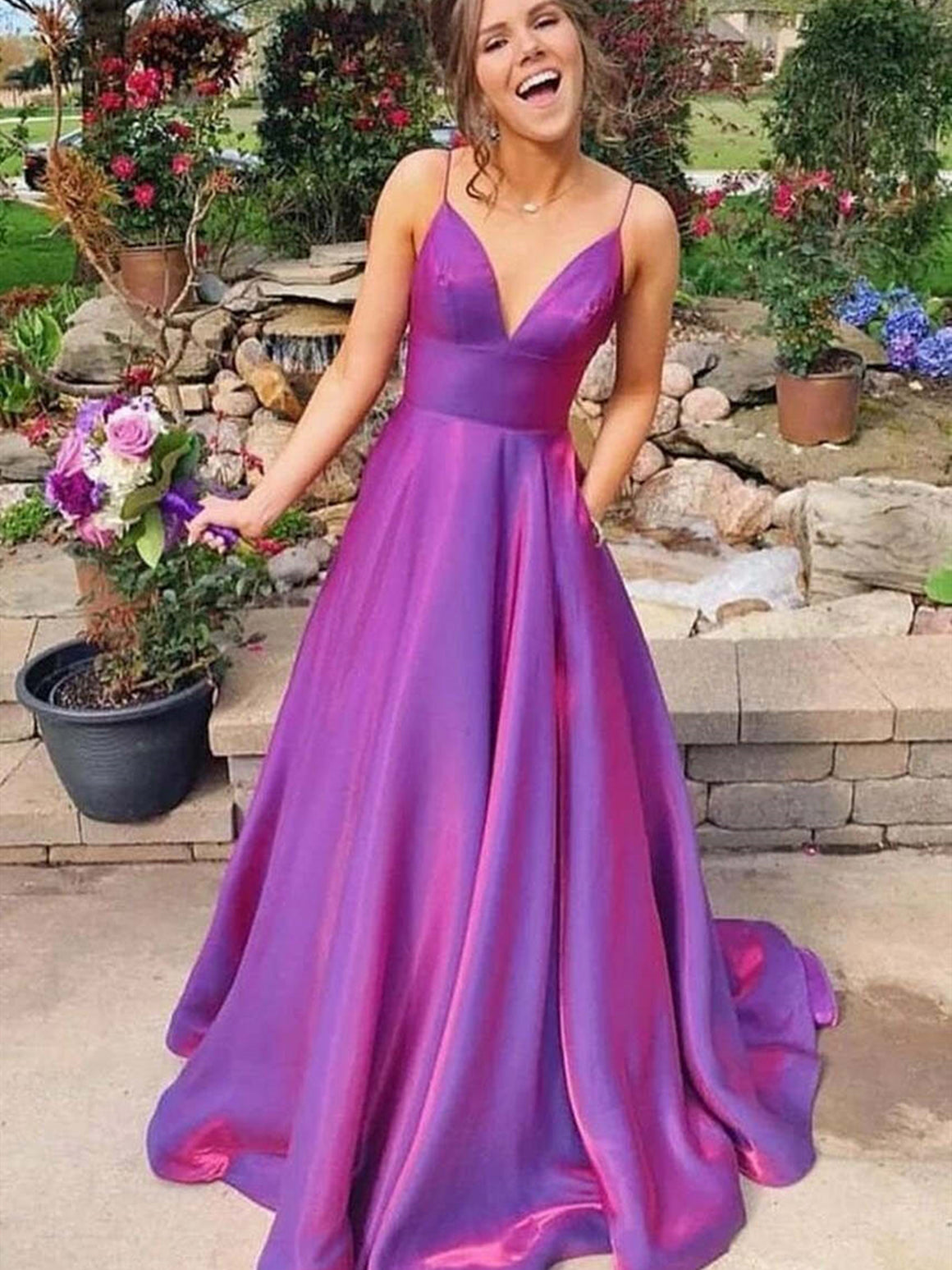 V Neck Purple Long Satin Prom Dresses, Purple Long Satin Formal Graduation Dresses