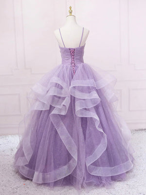 V Neck Purple Sequin Long Prom Dress, Purple V Neck Long Formal Evening Dresses