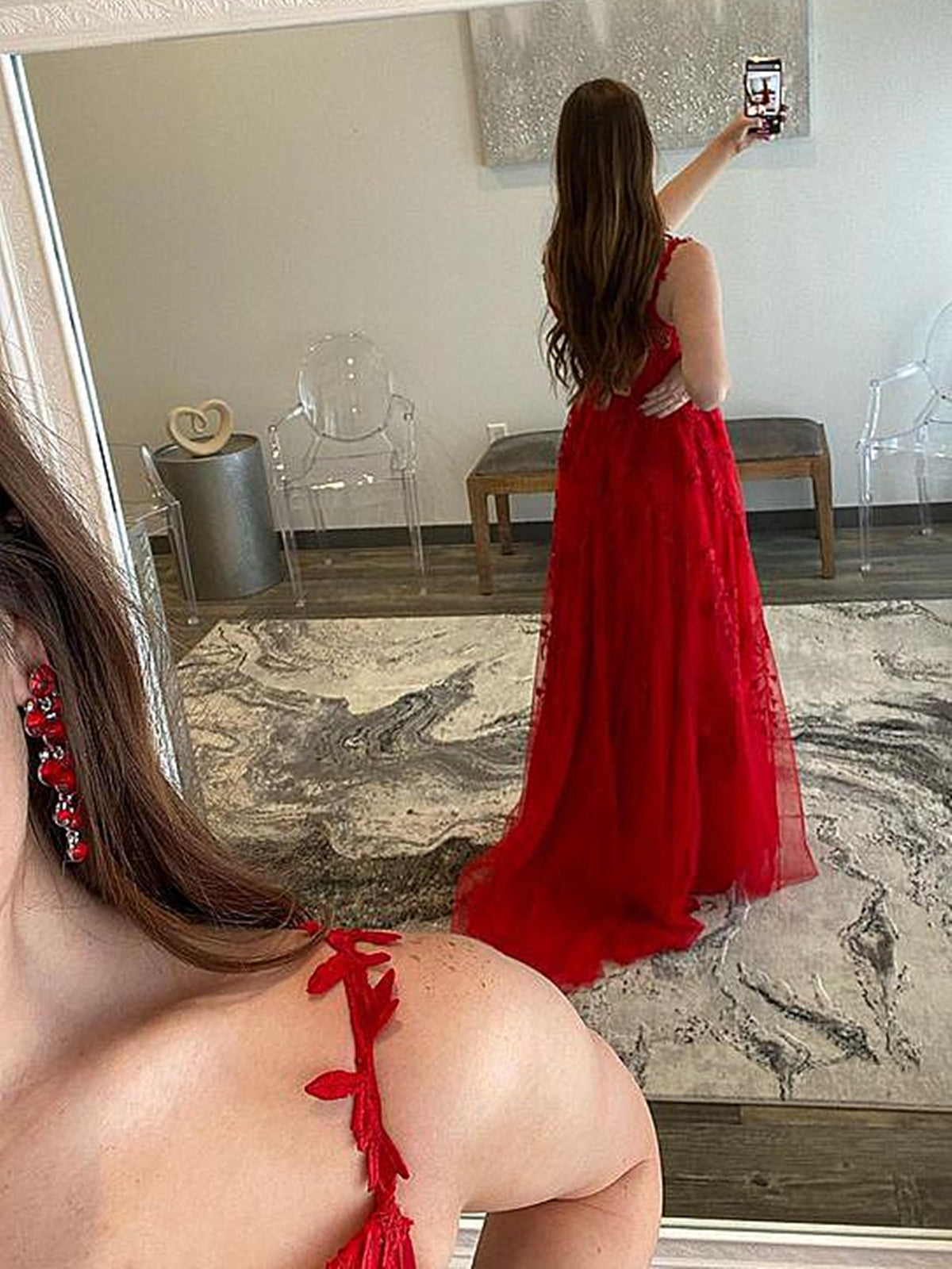 V Neck Red Lace Prom Dresses, Red Lace Formal Graduation Dresses, US 2 / Custom Color / With Rush+$19.99 V Neck Red Lace Prom Dresses, Red Lace Formal Graduation Dresses, US 2 / Custom Color / With Rush+$19.99