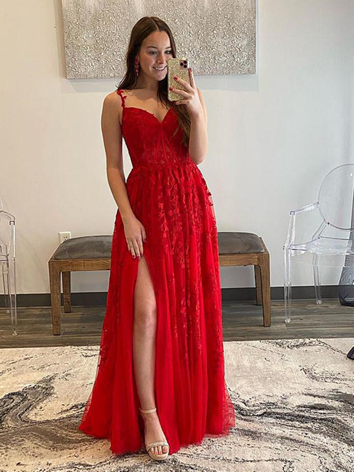 V Neck Red Lace Prom Dresses, Red Lace Formal Graduation Dresses - shegown