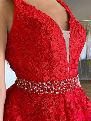 V Neck Red Lace Prom Dresses, Red V Neck Lace Formal Graduation Dresses