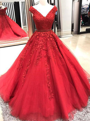 V Neck Red Tulle Lace Prom Dresses, V Neck Red Lace Long Formal Evening Dresses