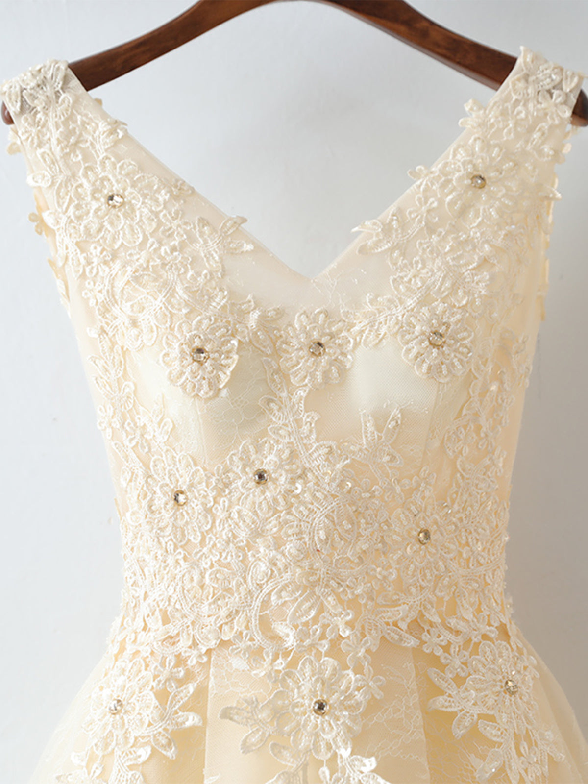 champagne lace bridesmaid dresses short Champagne v neck tulle lace short prom dress, champagne homecoming dre dresstby