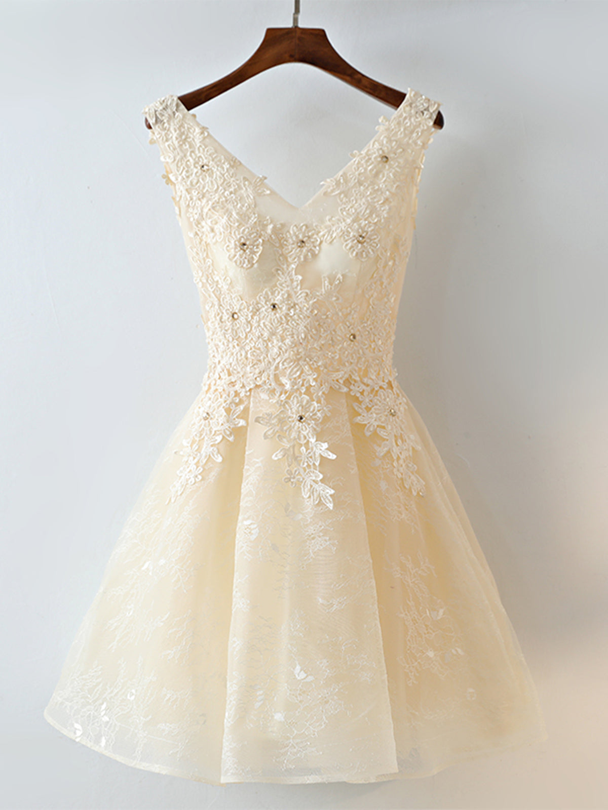 V Neck Short Champagne Lace Prom Dresses, Short Champagne Lace Formal - shegown V Neck Short Champagne Lace Prom Dresses, Short Champagne Lace Formal - shegown