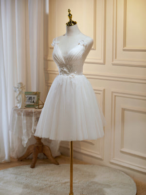 V Neck Short Ivory Lace Prom Dresses, Short Ivory Lace Formal Homecoming Dresses